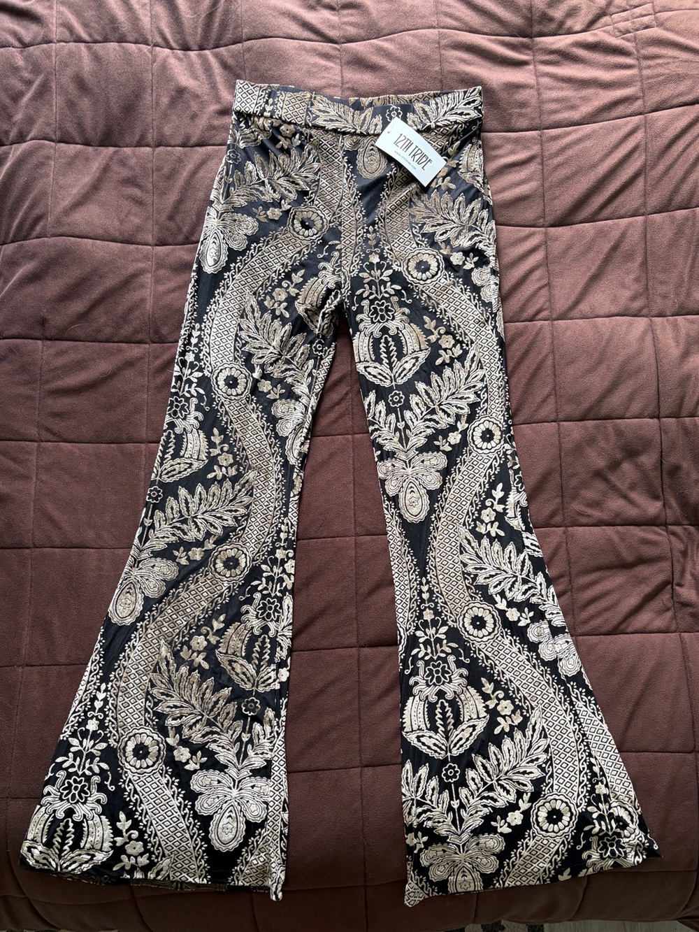 12th Tribe Black & Gold Velvet Flare Pants